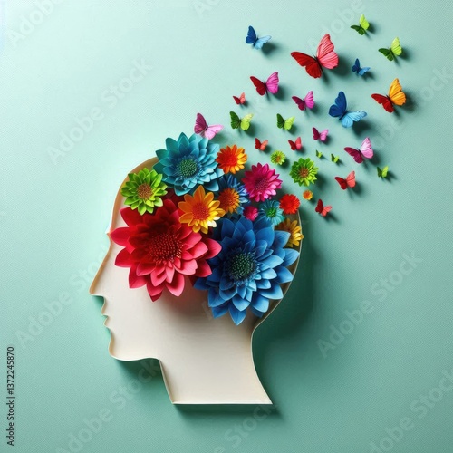 Paper human head symbol with flowers and butterflies on pastel green background World mental health day concept