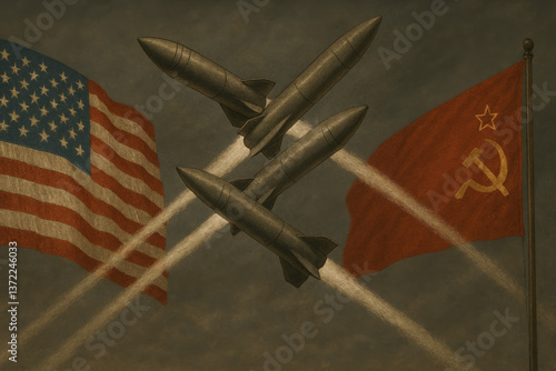 Cold war tension: missiles and crossed paths between usa and ussr flags