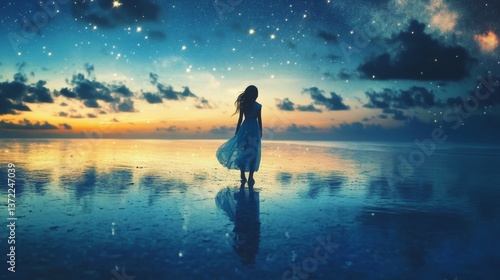 A little girl in a flowing dress, walking on water as stars reflect on the calm ocean surface