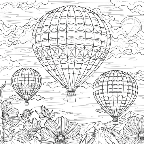 Hot air balloons in the sky above the mountains and flowers.Coloring book antistress for children and adults. 