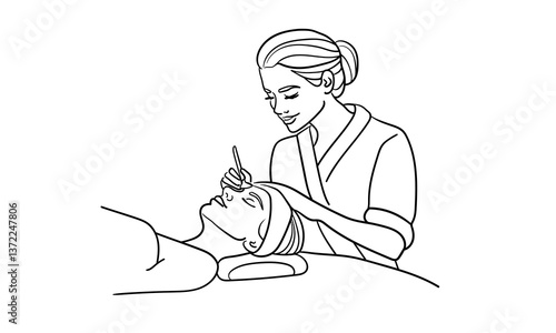 Girl cosmetologist doing a procedure to a client, continious line drawing. Care procedures, cosmetics, beauty salon outline. Vector illustration
