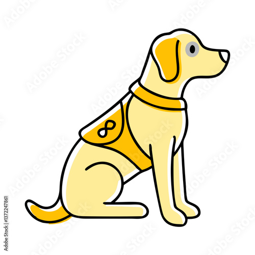 Guide dog icon sitting with a harness in yellow and beige colors for assistance animal representation. Safety and caution concept