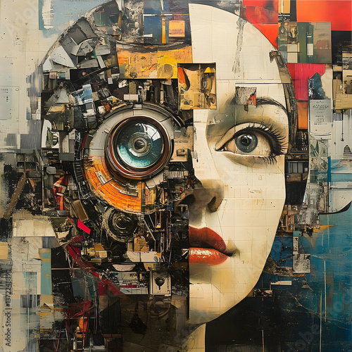 A human womans face half mechanical art portrait illustration