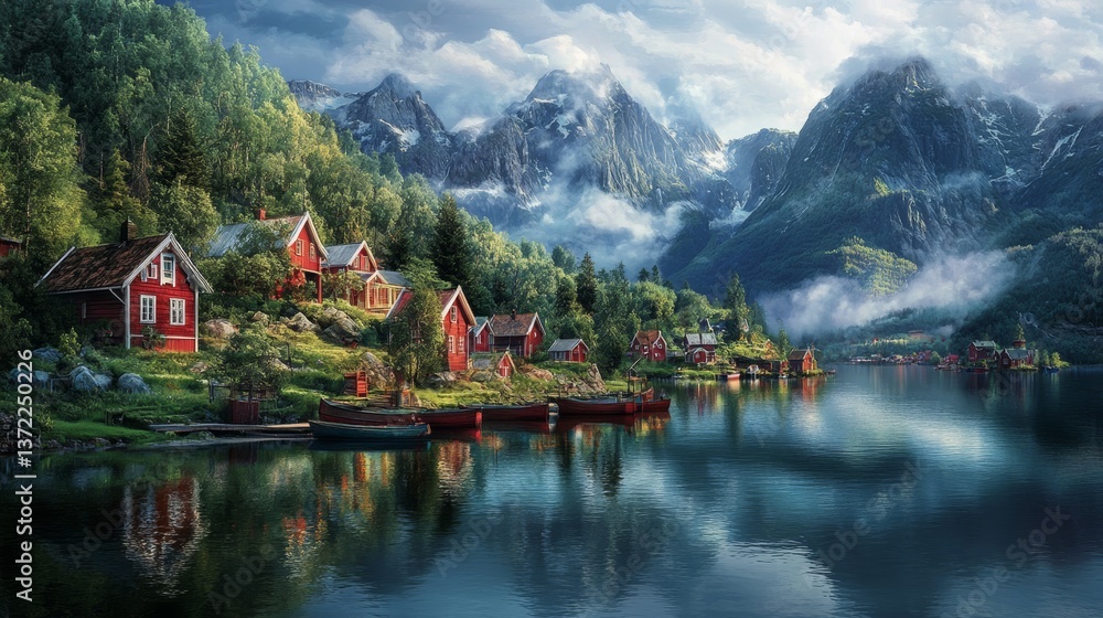 Fototapeta premium A breathtaking, ultra-realistic view of a picturesque Norwegian village nestled between lush green forests and towering misty mountains.