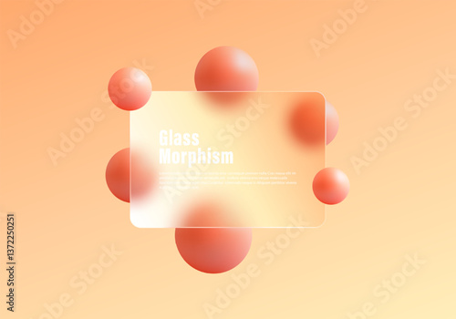 Glass morphism website landing page template. Frosted glass partition with floating 3D spheres.