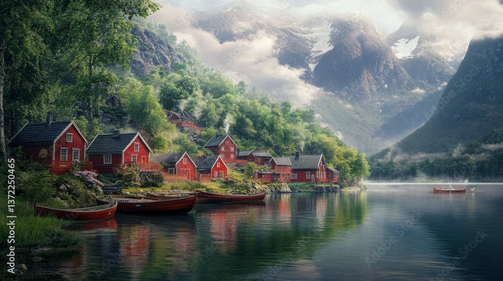 Fototapeta premium A breathtaking, ultra-realistic view of a picturesque Norwegian village nestled between lush green forests and towering misty mountains.