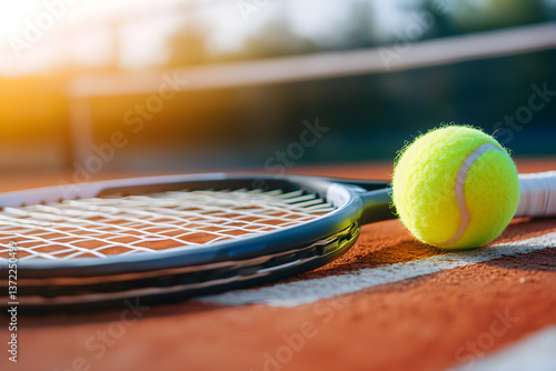 A tennis ball and racket are on a court