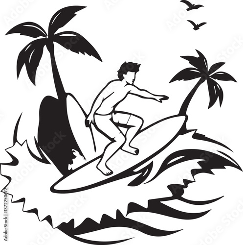A vibrant illustration of a surfer capturing the essence of summer and adventure for promotional materials.