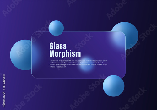 Glass morphism style illustration. Dark blue background with transparent info panel and floating spheres. Website landing page template.