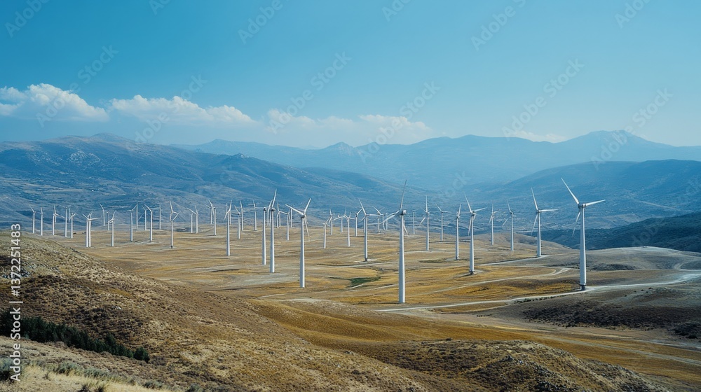 Fototapeta premium A vast wind turbine farm spread across an open, rolling landscape, with dozens of towering turbines spinning gracefully in the wind. 