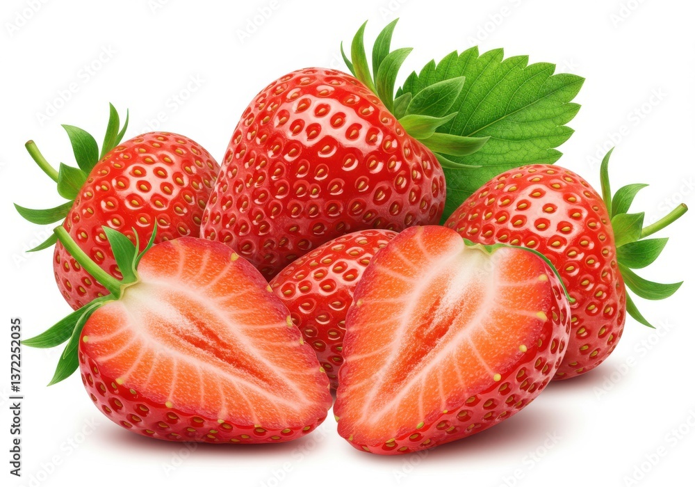 A group of fresh strawberries with leaves and two cut in half isolated on a white background A group of fresh strawberries with leaves and two cut in half isolated on a white background