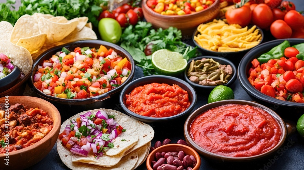 A table full of Mexican food including beans, salsa, and guacamole A table full of Mexican food including beans, salsa, and guacamole
