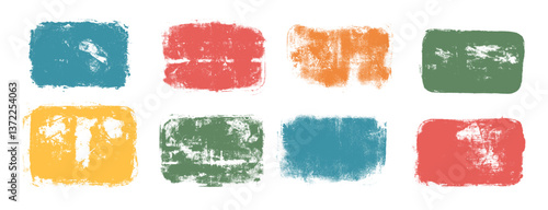 Set of colorful pastel frames. Rectangular crayon callouts. Linocut with rolled acrylic for text box. Handmade vector stamp smudged texture. Decorative uneven frame with rough multicolored paint.