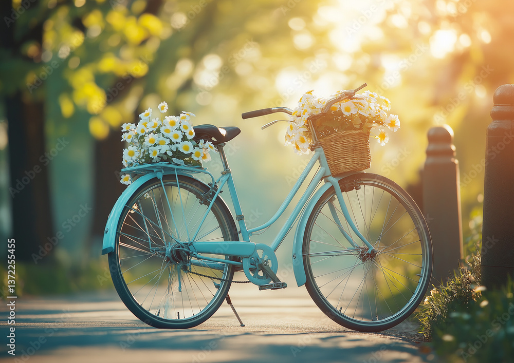 Fototapeta premium A charming bicycle adorned with a front basket full of flowers