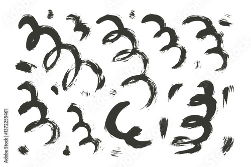 Brush stroke mascara squiggle lines. Hand drawn makeup spirals. Brush stroke paint black line doodle elements set isolated on white background. Outline sketch freehand ornament.
