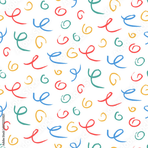 Squiggle kids confetti crayon seamless pattern. Geometric party endless background. Fun spirals lines repeat cover. Surface pattern design children festive motif. Vector hand drawn illustration.