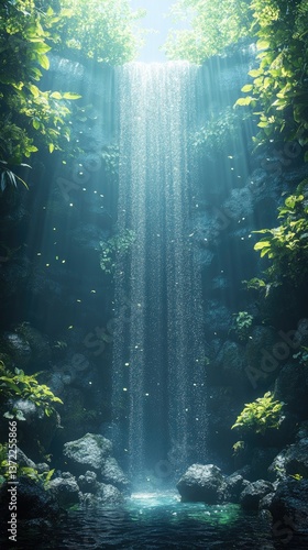 A beautiful waterfall streams through lush green foliage and rocks
