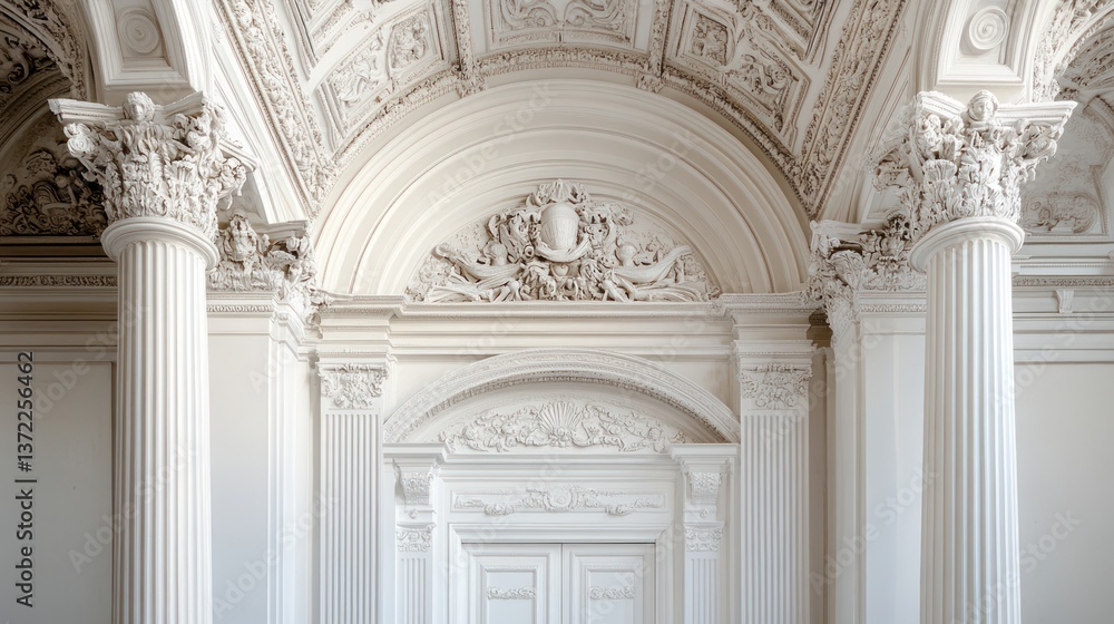 Ornate white columns and arched doorway in a historic hall Ornate white columns and arched doorway in a historic hall
