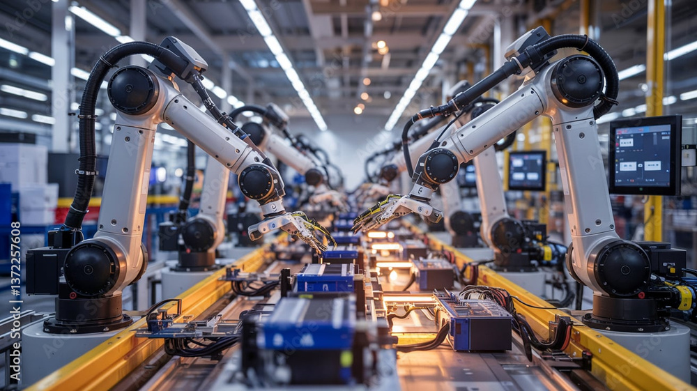 Manufacturing facility showcasing advanced robotic arms during assembly process at midday Manufacturing facility showcasing advanced robotic arms during assembly process at midday