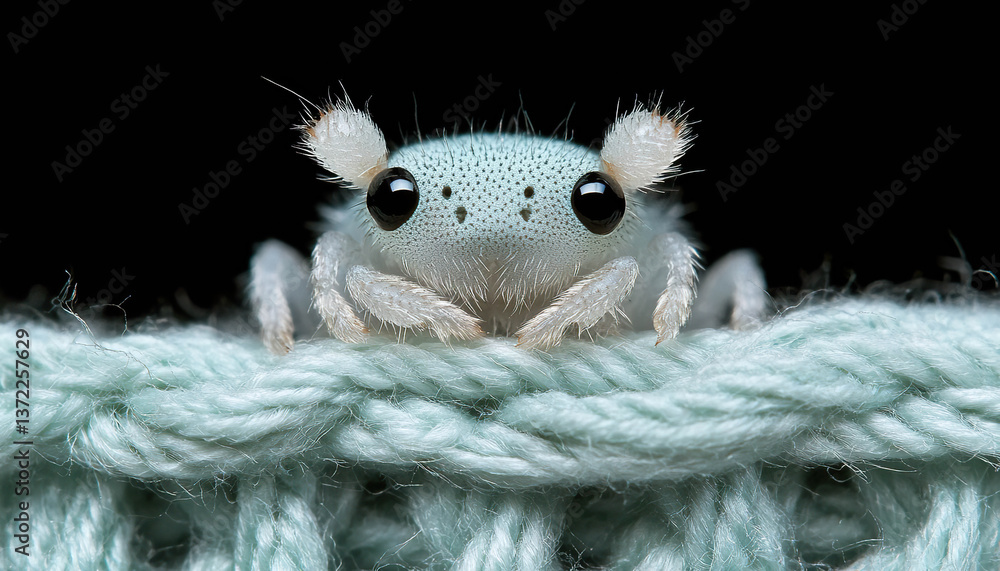 Obraz premium Cute white spider on wool fabric, in macro close-up with dark background - Generated with AI