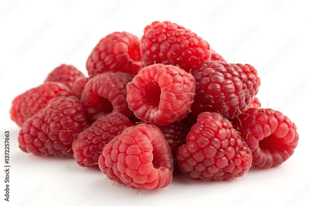 Juicy ripe raspberries piled high a vibrant summer harvest bounty close up studio shot on white Juicy ripe raspberries piled high a vibrant summer harvest bounty close up studio shot on white