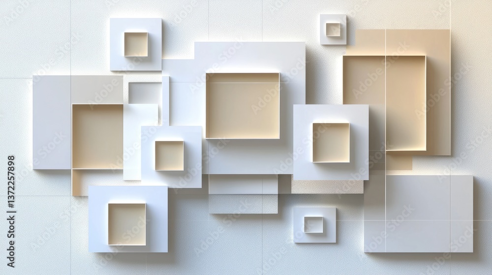 High-quality white abstract background with geometric squares in a seamless 3D paper-cut design.