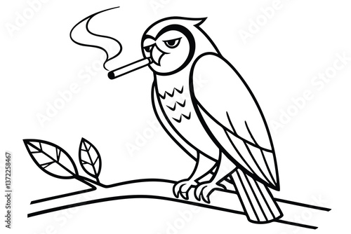 Vector owl, a wild bird with detailed feather and beak, perched on a tree branch
