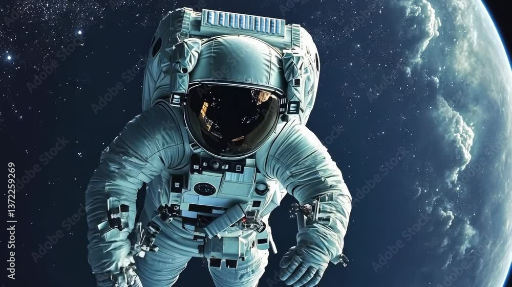Astronaut floating in space above Earth, showcasing the vastness of the universe and human exploration Astronaut floating in space above Earth, showcasing the vastness of the universe and human exploration