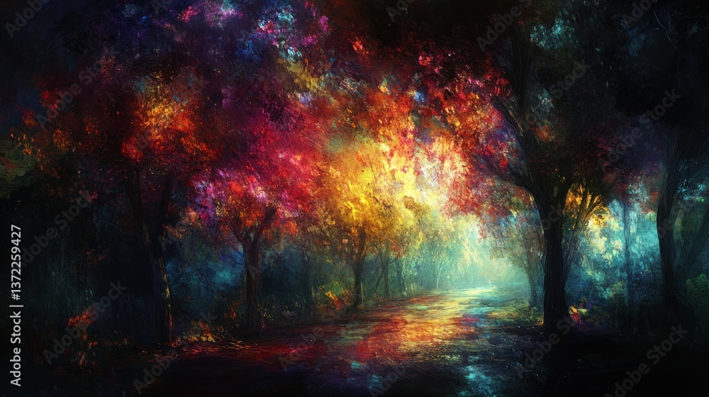 Obraz premium Colorful, mystical forest path at dawn