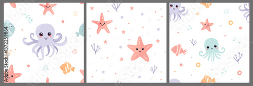 Set of seamless patterns with sea inhabitants, starfish, octopus, and fish on a white background. Cute characters for childrens textiles, clothing, wallpaper, baby shower, baby products birthday.