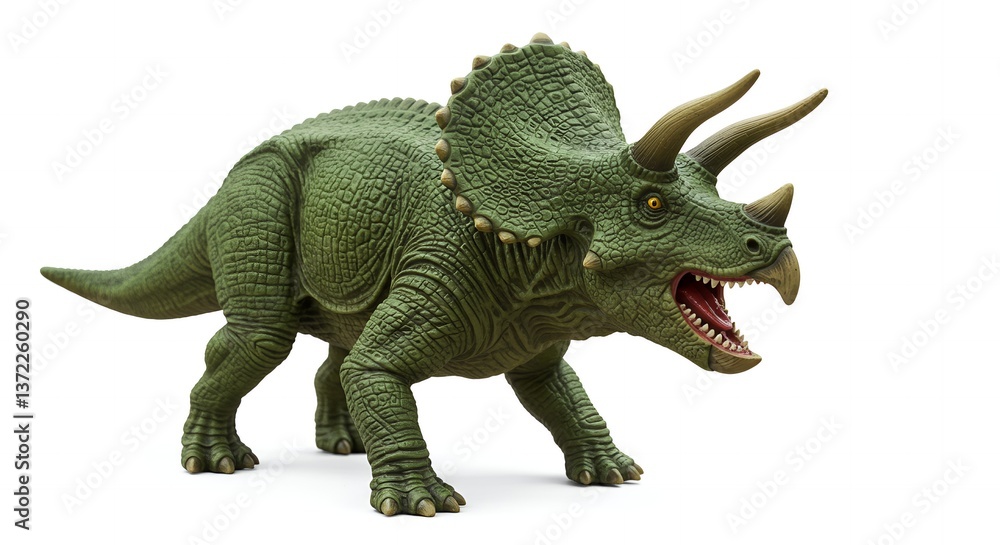 Fototapeta premium A Detailed Triceratops Dinosaur Model: Green Prehistoric Creature with Horns and Frill Isolated on White Background