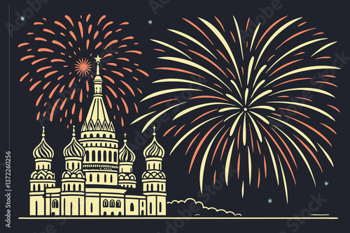 Night city silhouette vector with firework celebration over iconic European architecture