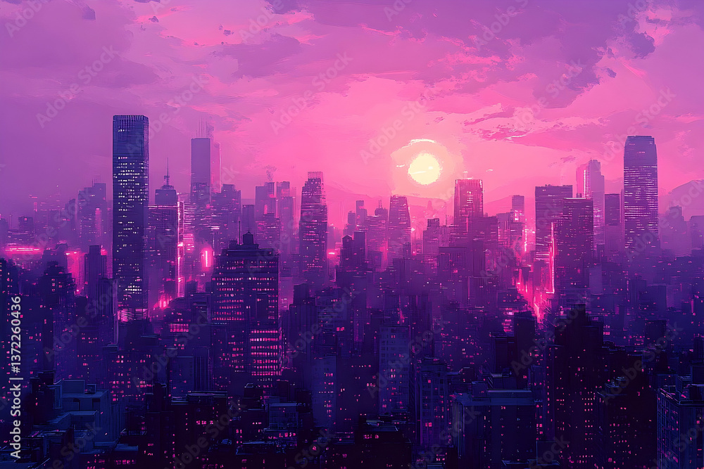 Obraz premium A beautiful purple pink city sunset with many buildings in the distance