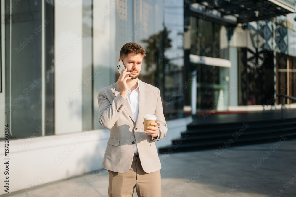 Fototapeta premium Handsome unshaven businessman walking with laptop, tablet and smartphone on city
