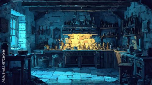 An old dimly lit kitchen with stone walls and wood furnishings