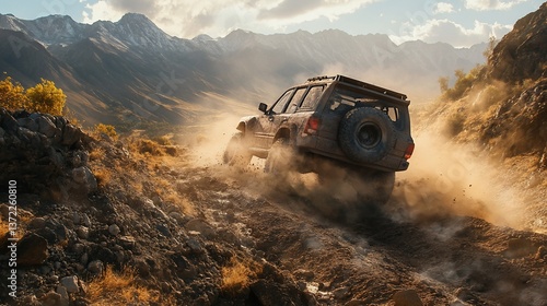 Off-road vehicle drives through a rugged mountain landscape kicking up dust and dirt