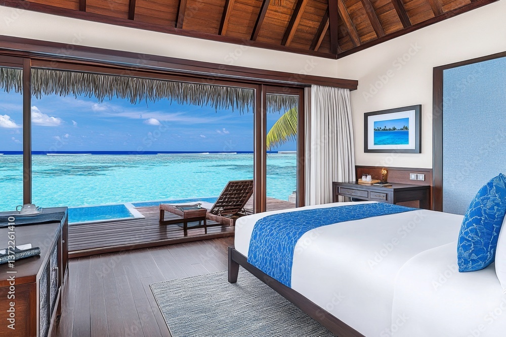 Fototapeta premium A luxurious overwater bungalow with a private deck overlooking crystal-clear waters