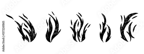 Hand drawn tribal flame with retro rock vibe. Devilish fire sketch in black silhouette. Flat vector illustration isolated on white background.