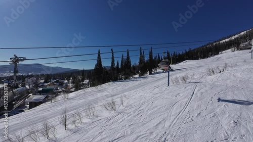 Cable car at the ski resort in Sheregesh. Active winter recreation in nature.