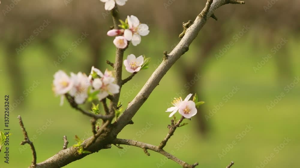 Blossoming almond orchard. Beautiful trees with pink flowers blooming in spring in Europe. Almond blossom. Blossoming almond orchard. Beautiful trees with pink flowers blooming in spring in Europe. Almond blossom.