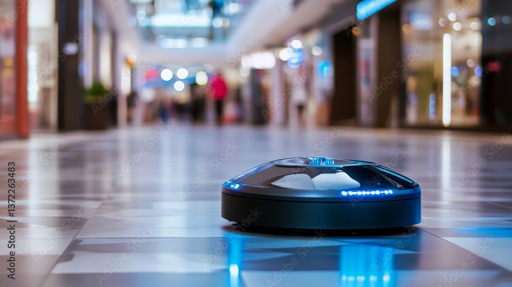 A high tech AI powered robotic cleaner, cleaning the floors of a shopping mall, advanced retail setting