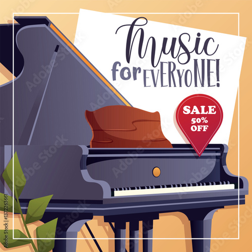 Square vector illustration with black grand piano, red cushion, and potted plant. Features Music for Everyone text and 50 percent off sticker. Ideal for music promotions.
