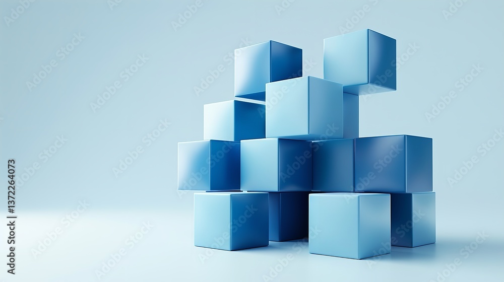 A stylized and surreal shot is formed by floating geometric cubes in blue hues a lovely motif emerges using blue hues over a white setting and space, Generative AI. A stylized and surreal shot is formed by floating geometric cubes in blue hues a lovely motif emerges using blue hues over a white setting and space, Generative AI.