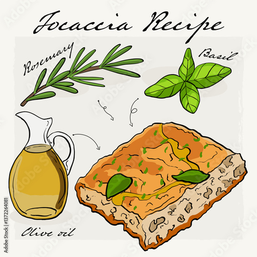 Pizza Focaccia Illustration Recipe with Ingredients