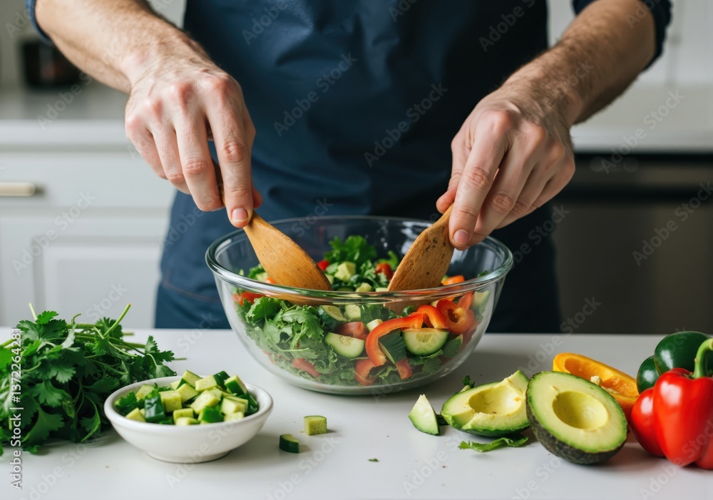 Man preparing a fresh salad in a modern kitchen Man preparing a fresh salad in a modern kitchen