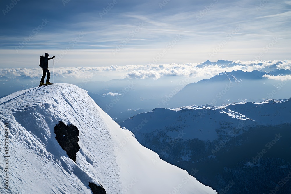 Climber on snowy peak enjoys vast, mountainous vista Climber on snowy peak enjoys vast, mountainous vista
