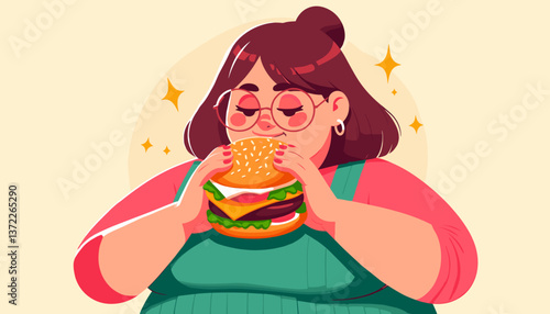 Cartoon overweight woman tempted by burger, colored vector