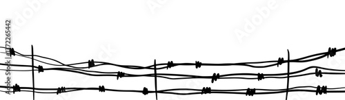 Barbed wire fence silhouette, military trench border wall. Battlefield barrier, prison or jail security element. Army defense vector illustration isolated on white background.