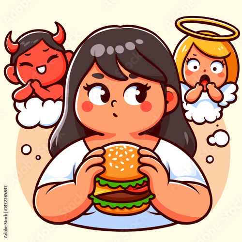 Cartoon woman tempted by burger with angel and crap background, colored vector