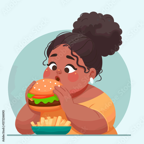 Cartoon overweight black woman tempted by burger, colored vector
